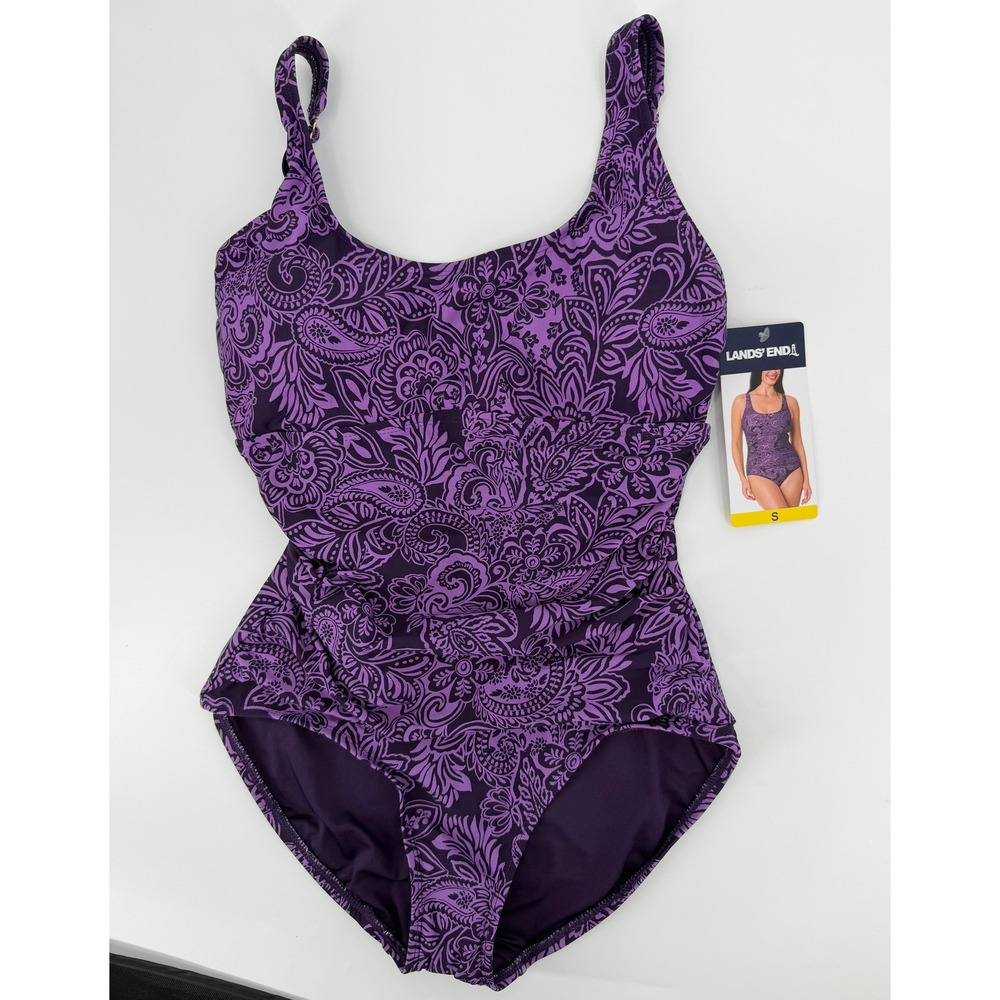 Lands End Womens Purple Paisley One Piece Swimsuit UPF 50+ Ruched Small 1956311